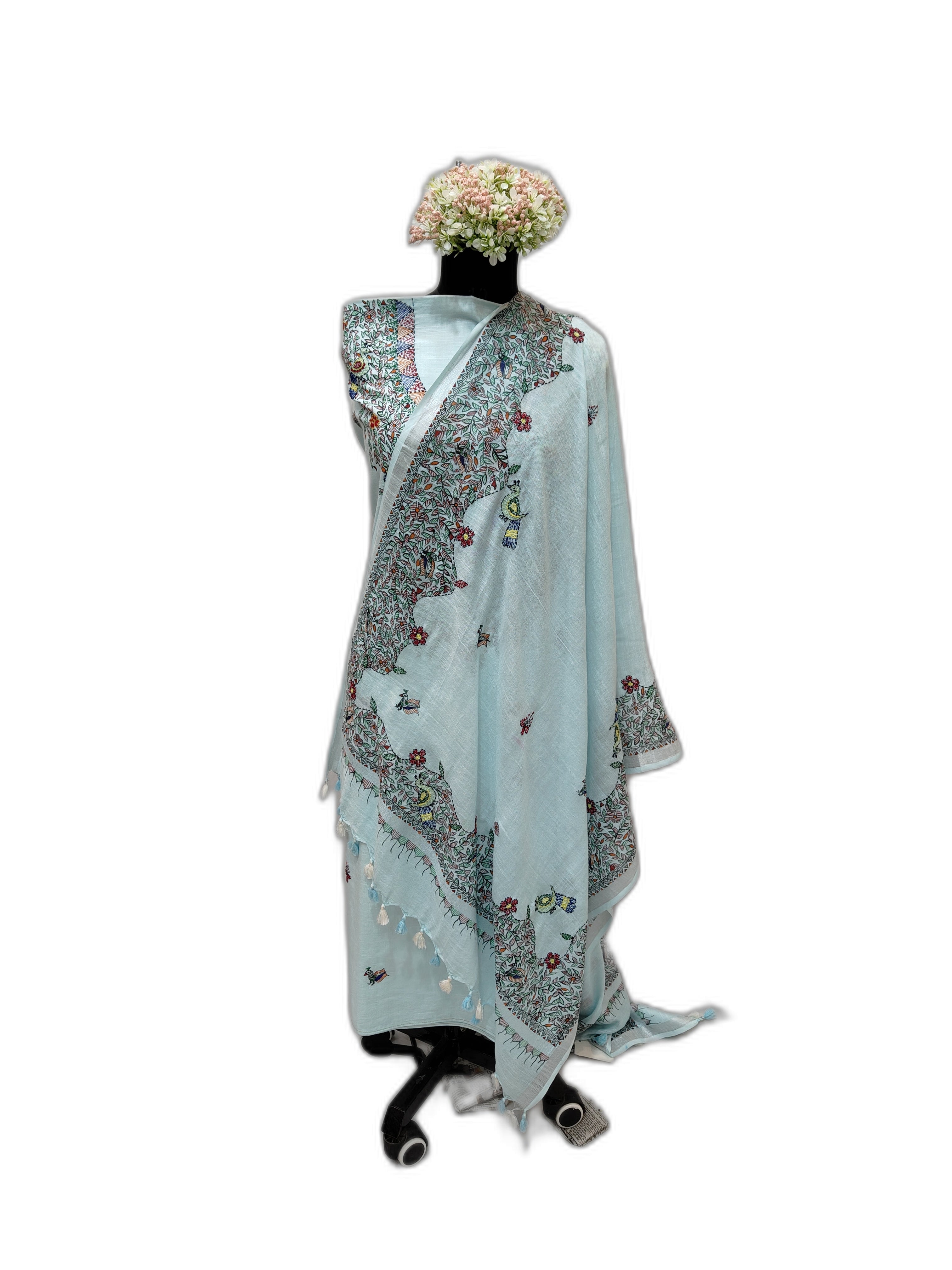 Hand painted Madhubani with Sujani Unstitched Suit Set on Cotton in Light Turquoise